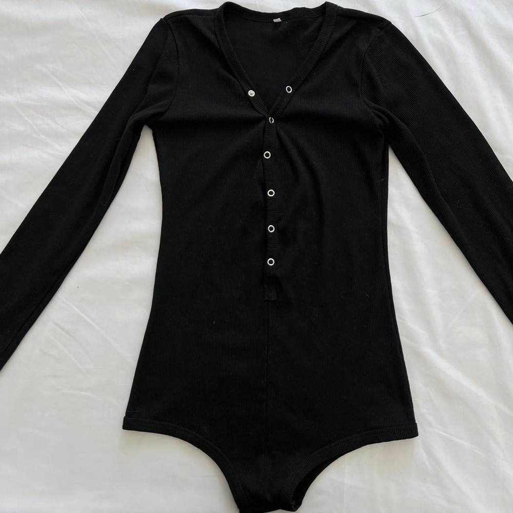 black longsleeve button up ribbed knit romper